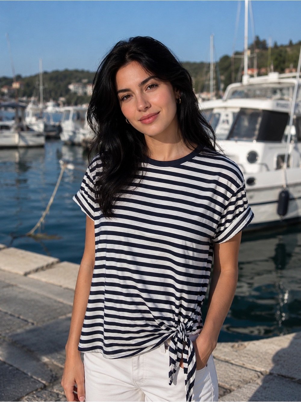 Chaps Navy and White Striped Short Sleeve Tie-Hem Tee